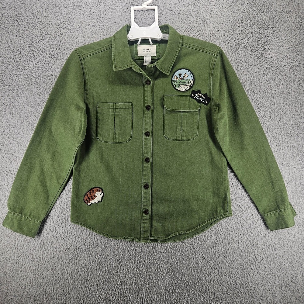 Forever 21 Womens Olive Green Utility Shirt Jacket Hedgehog Alligator Patches S